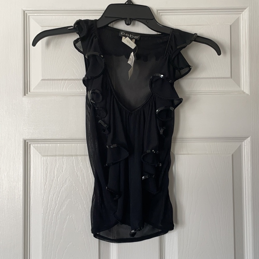 Vintage Black BEBE Sequins Ruffle Sheer Top